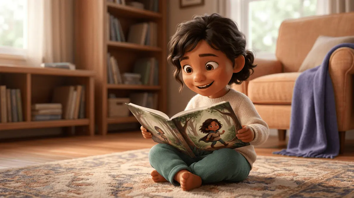 Enfant qui se découvre en héros de son livre personnalisé