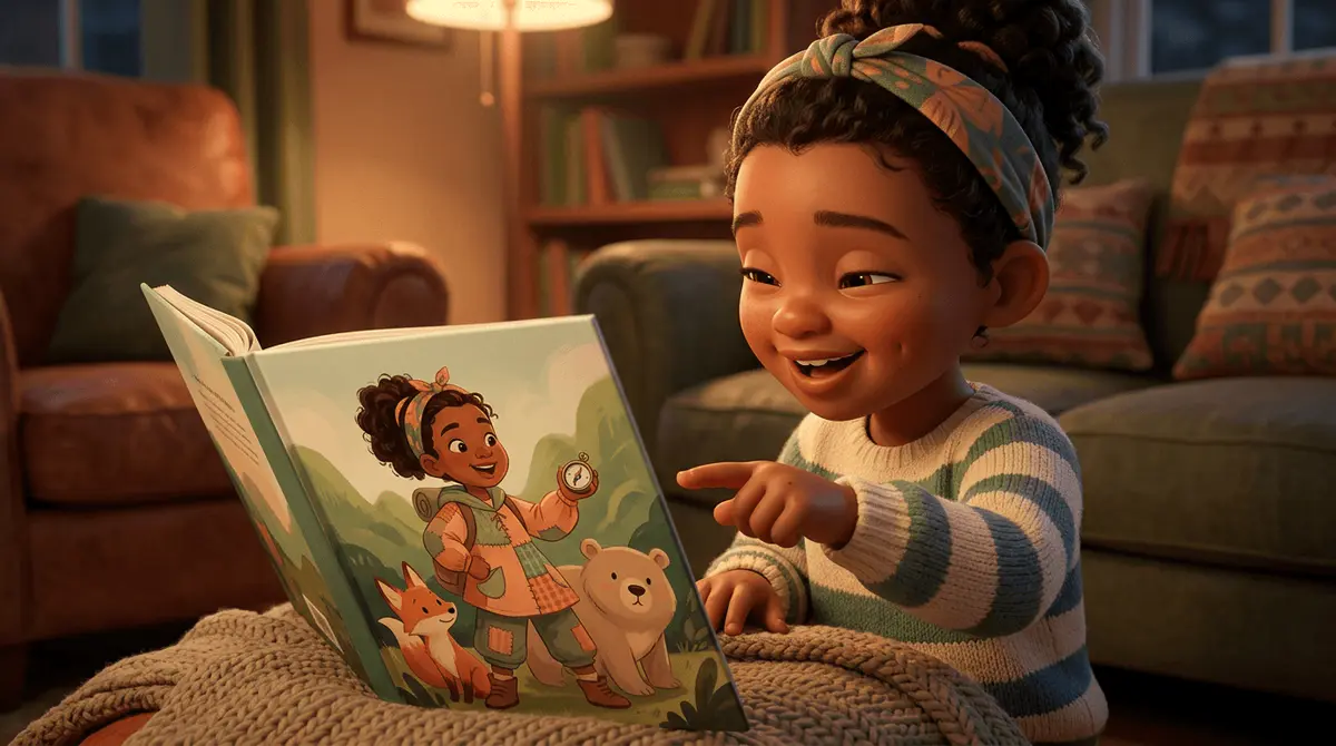 Un enfant pointe son prénom sur la couverture de son livre personnalisé
