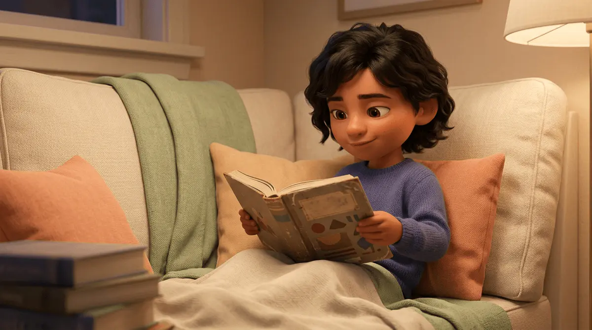 Un enfant de 7 ans relit seul son livre personnalisé quelques années plus tard