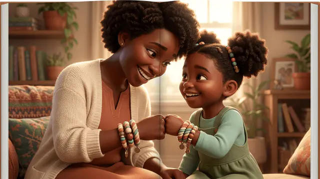 Une marraine aux cheveux afro et sa filleule de 5 ans se montrant leurs bracelets d'amitié jumeaux assortis avec de grands sourires, fronts rapprochés