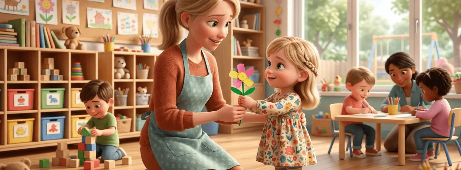 Une ATSEM bienveillante agenouillée réconforte un enfant de 3 ans dans une classe de maternelle et reçoit une petite fleur faite main, fin d'année