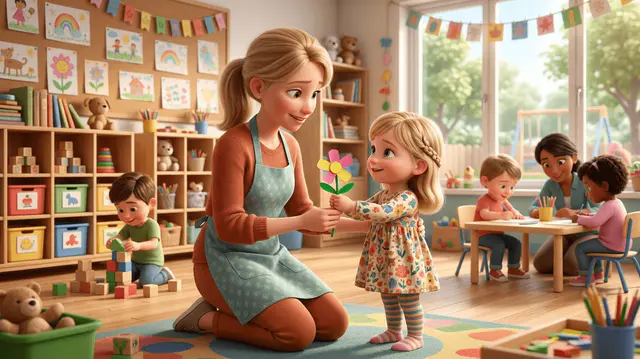 Une ATSEM bienveillante agenouillée réconforte un enfant de 3 ans dans une classe de maternelle et reçoit une petite fleur faite main, fin d'année