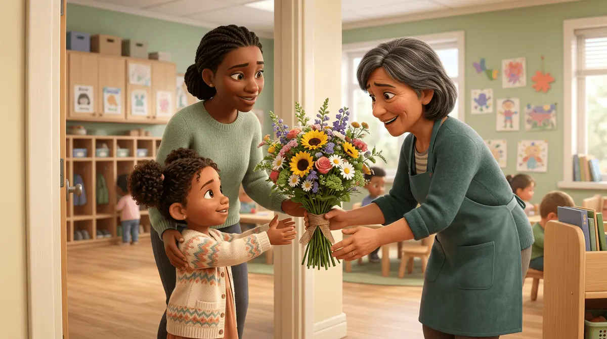 Un parent et son enfant offrent un bouquet collectif à l'ATSEM