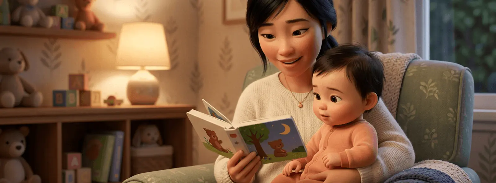 Un parent lit doucement un livre cartonné personnalisé à son bébé de 10 mois blotti dans ses bras, dans une chambre douce