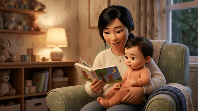 Un parent lit doucement un livre cartonné personnalisé à son bébé de 10 mois blotti dans ses bras, dans une chambre douce