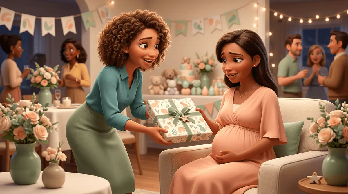 Une amie offre un livre personnalisé pour le bébé à venir