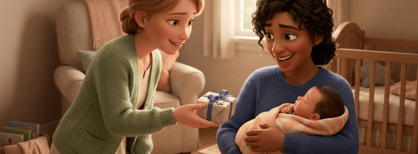 Une jeune marraine aux cheveux blonds rencontre tendrement un nouveau-né porté par un parent heureux et lui offre un petit cadeau de naissance emballé