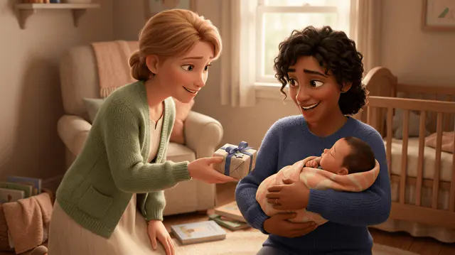 Une jeune marraine aux cheveux blonds rencontre tendrement un nouveau-né porté par un parent heureux et lui offre un petit cadeau de naissance emballé