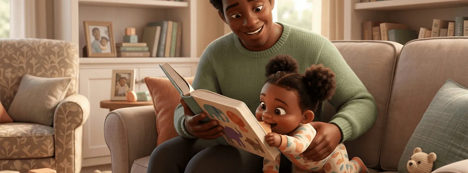 Un parent patient aux cheveux afro tient un livre cartonné pendant que son bébé d'un an gigote et tend les mains pour l'attraper, scène pleine d'énergie