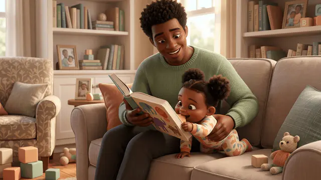 Un parent patient aux cheveux afro tient un livre cartonné pendant que son bébé d'un an gigote et tend les mains pour l'attraper, scène pleine d'énergie