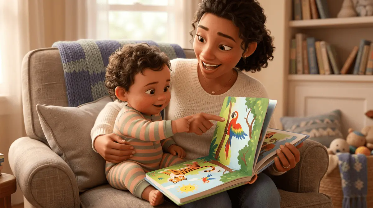 Un bébé pointe un imagier et son parent nomme l'image