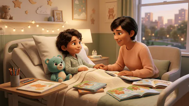Un enfant de 6 ans assis dans un lit d'hôpital chaleureux, souriant, entouré de livres, d'un cahier de coloriage et d'une peluche, un parent à ses côtés