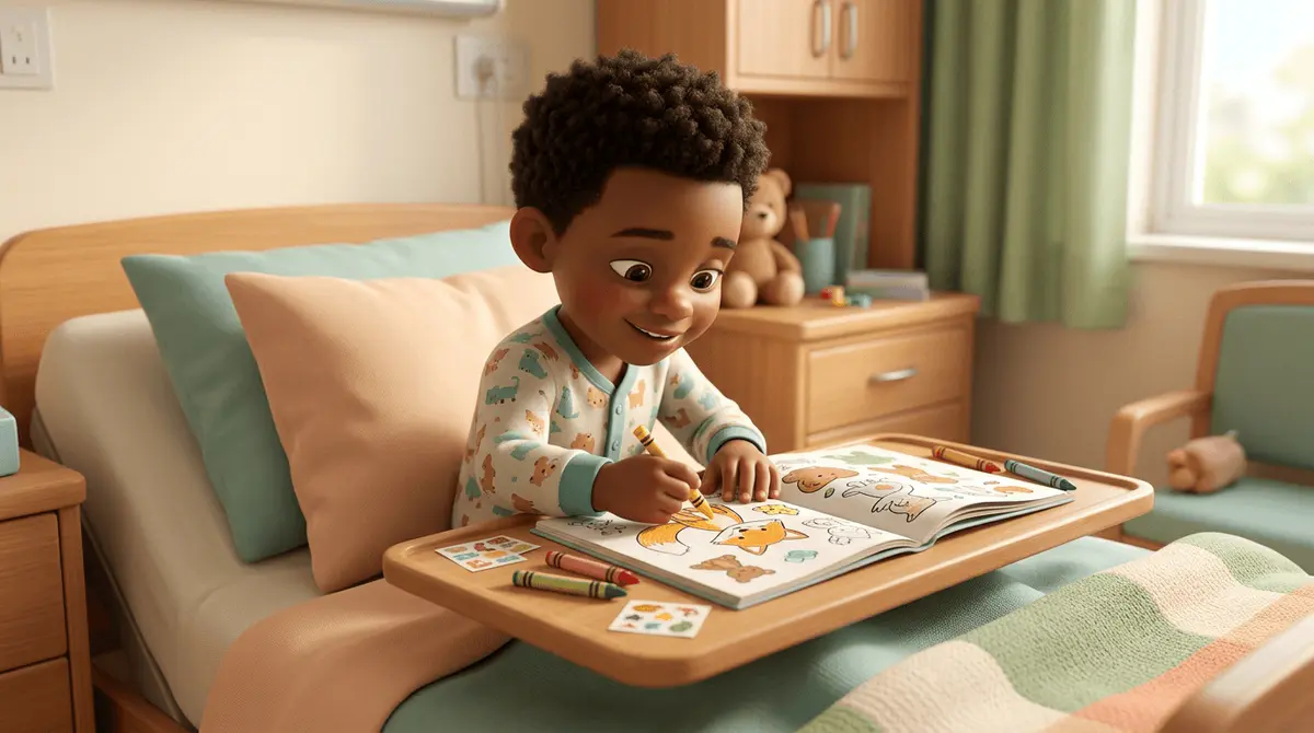 Un enfant colorie dans son lit d'hôpital