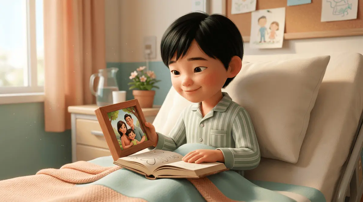 Un enfant regarde un cadre photo de sa famille à l'hôpital