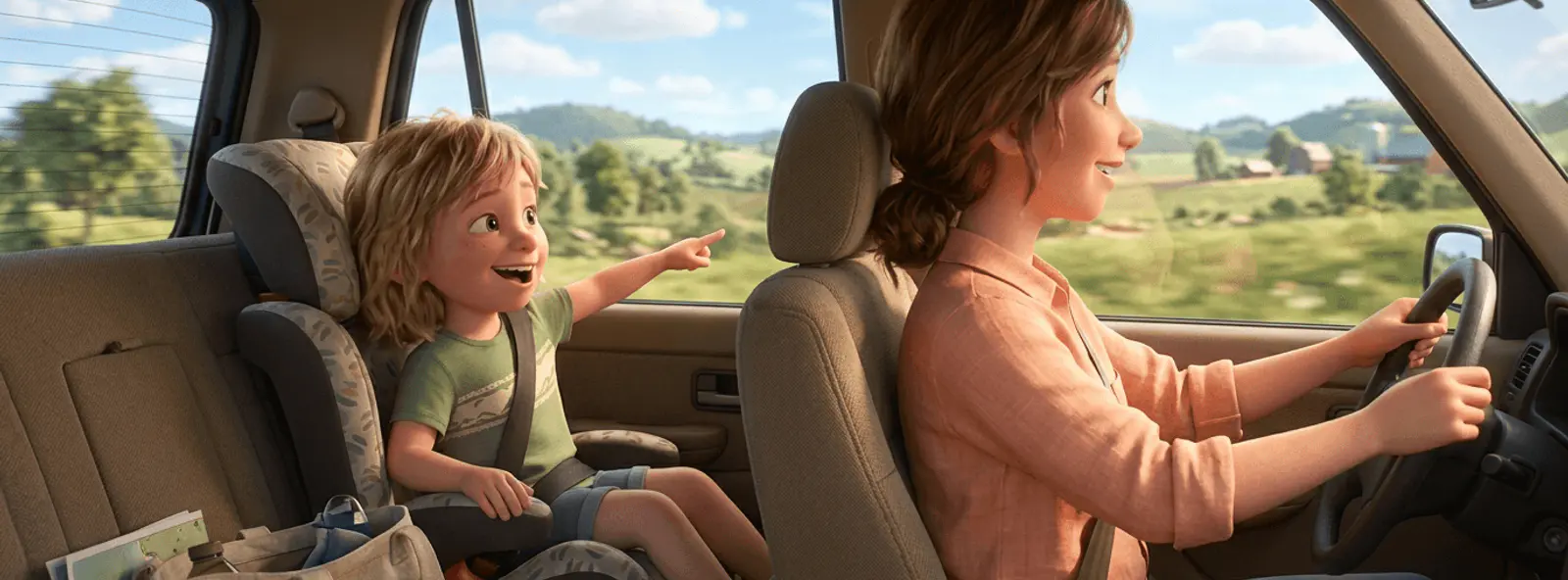 Un enfant de 6 ans aux cheveux blonds rit dans son rehausseur en jouant à un jeu d'observation par la fenêtre, sans écran, un parent au volant, campagne ensoleillée