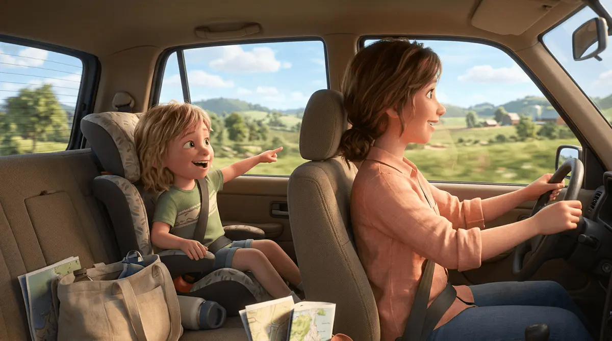 Un enfant de 6 ans aux cheveux blonds rit dans son rehausseur en jouant à un jeu d'observation par la fenêtre, sans écran, un parent au volant, campagne ensoleillée