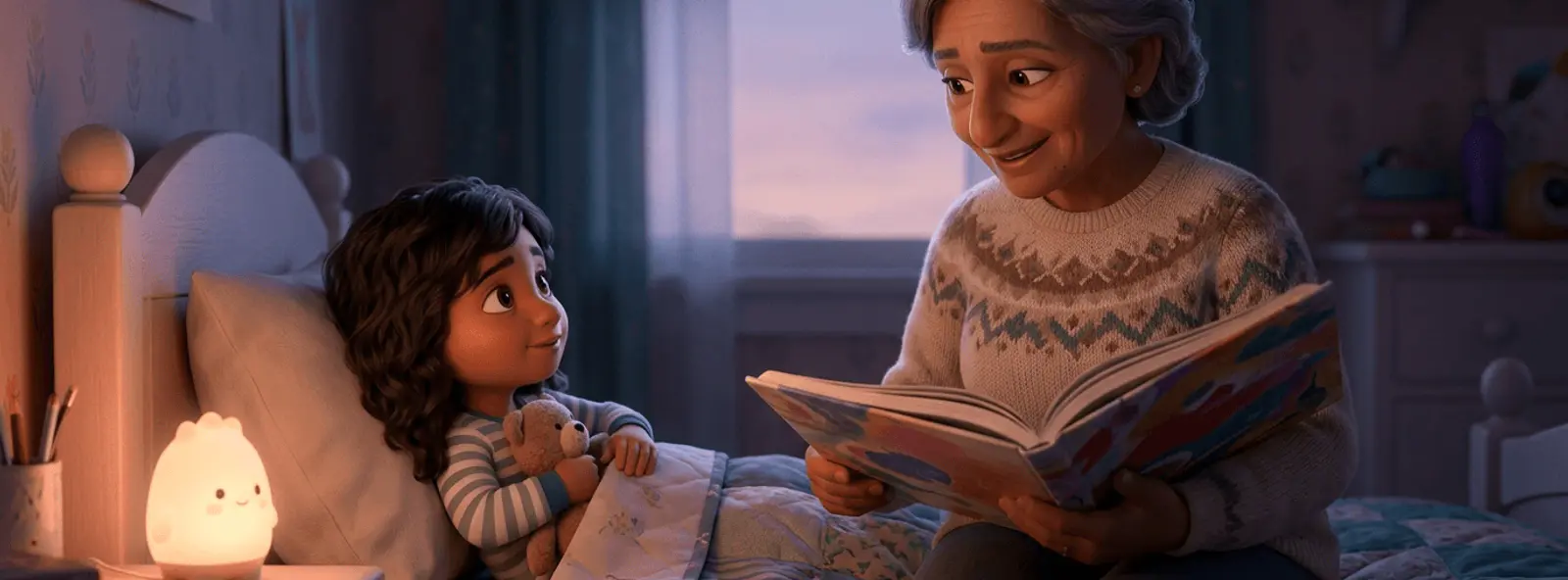 Une grand-mère lit doucement une histoire à son petit-enfant de 5 ans bordé dans un lit d'amis, serrant son doudou, une veilleuse allumée, première nuit chez les grands-parents
