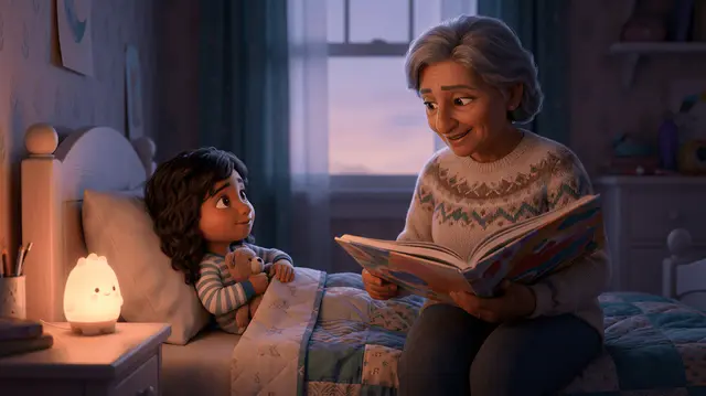 Une grand-mère lit doucement une histoire à son petit-enfant de 5 ans bordé dans un lit d'amis, serrant son doudou, une veilleuse allumée, première nuit chez les grands-parents