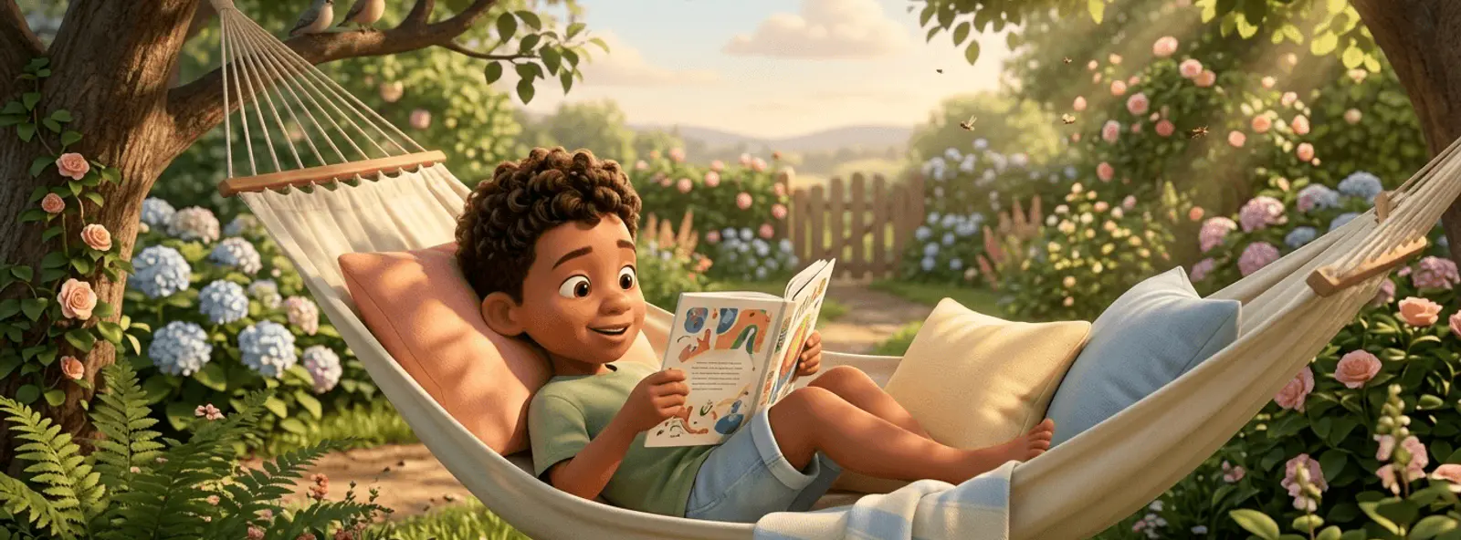 Un enfant métis de 7 ans lit avec plaisir, détendu dans un hamac de jardin l'été, lumière tamisée par les feuilles, loin de tout contexte scolaire