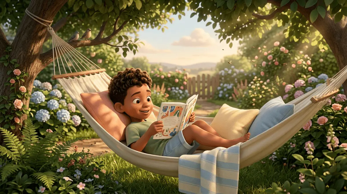Un enfant métis de 7 ans lit avec plaisir, détendu dans un hamac de jardin l'été, lumière tamisée par les feuilles, loin de tout contexte scolaire