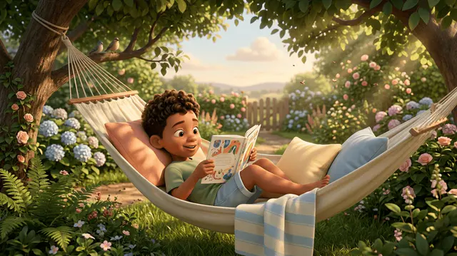 Un enfant métis de 7 ans lit avec plaisir, détendu dans un hamac de jardin l'été, lumière tamisée par les feuilles, loin de tout contexte scolaire