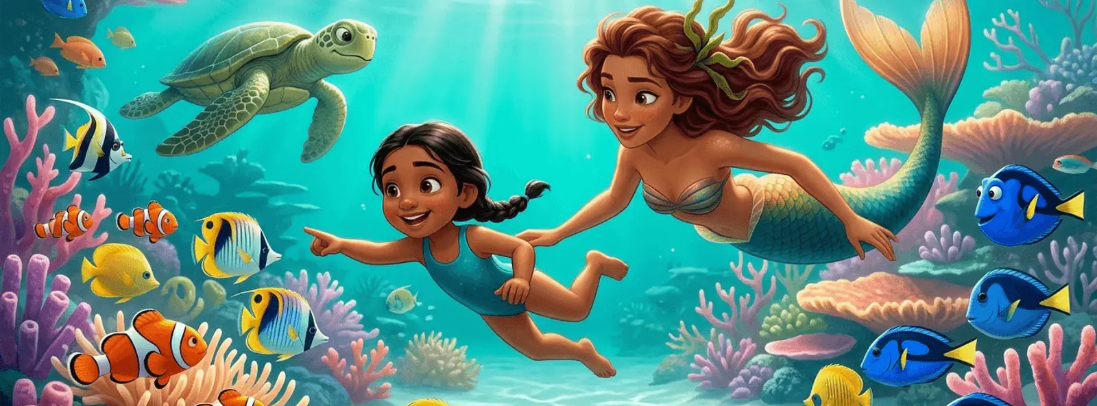Un enfant de 5 ans aux cheveux noirs explore avec émerveillement un récif corallien lumineux parmi poissons colorés et tortue, accompagné d'une sirène exploratrice amicale