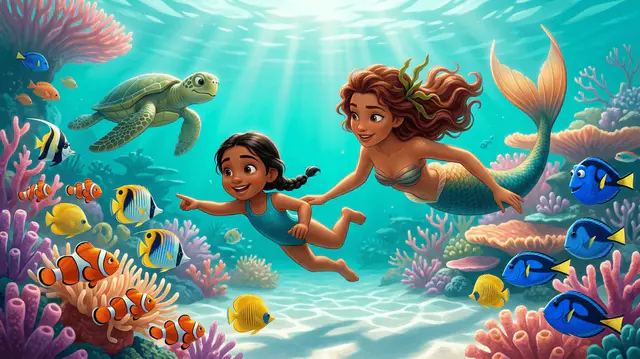 Un enfant de 5 ans aux cheveux noirs explore avec émerveillement un récif corallien lumineux parmi poissons colorés et tortue, accompagné d'une sirène exploratrice amicale