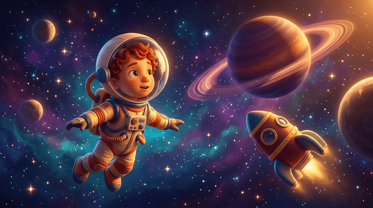 Un enfant de 6 ans aux cheveux roux en combinaison d'astronaute flotte joyeusement dans l'espace près d'une petite fusée, émerveillé devant planètes colorées et étoiles