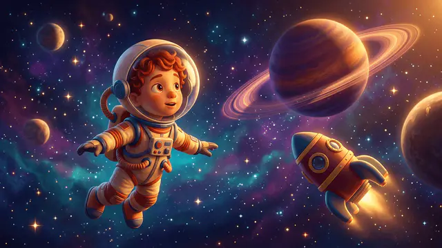 Un enfant de 6 ans aux cheveux roux en combinaison d'astronaute flotte joyeusement dans l'espace près d'une petite fusée, émerveillé devant planètes colorées et étoiles