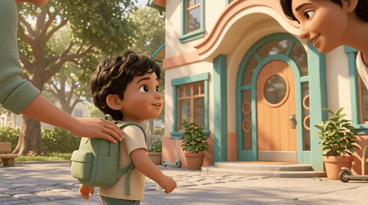 Un enfant de 3 ans aux cheveux bruns ondulés, fier et un peu excité, avance avec son petit sac vers l'entrée colorée d'une école maternelle, la main rassurante d'un parent sur son épaule