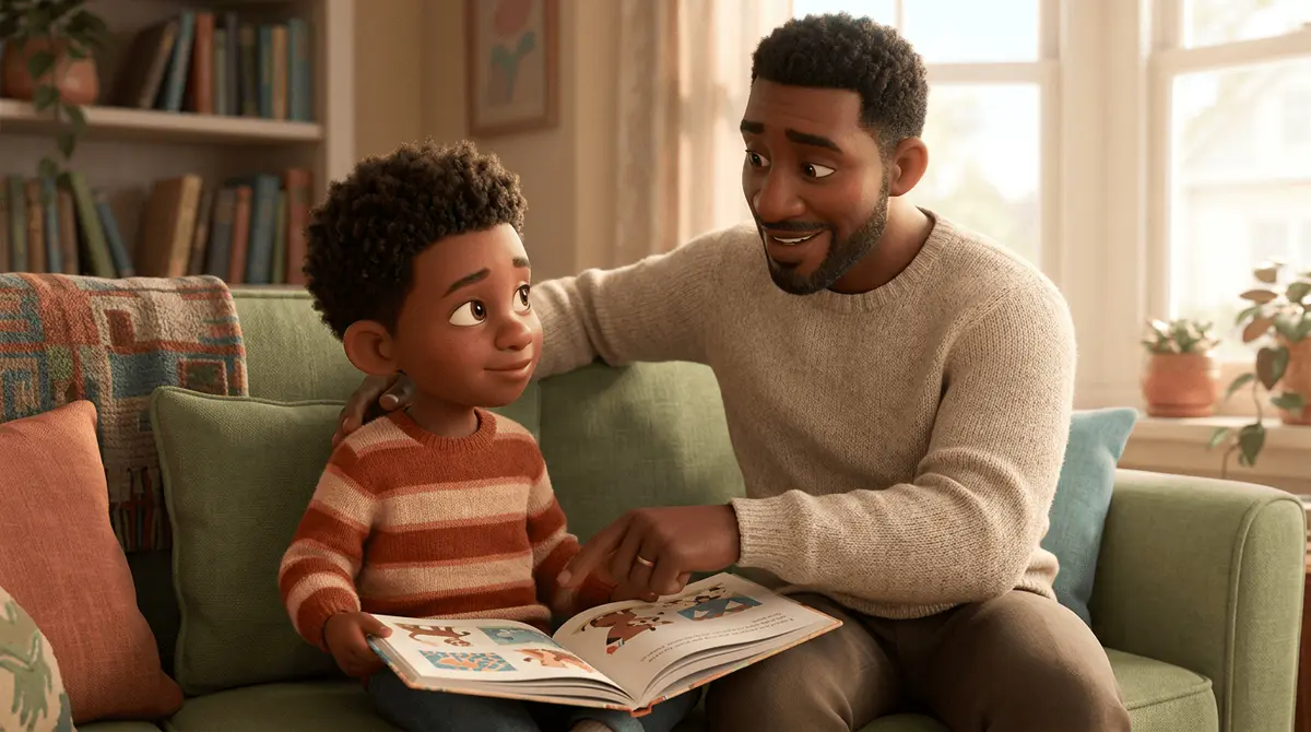 Un enfant de 6 ans aux cheveux afro, un peu hésitant mais encouragé, déchiffre un premier livre de lecture, un parent souriant à ses côtés qui pointe la page avec douceur