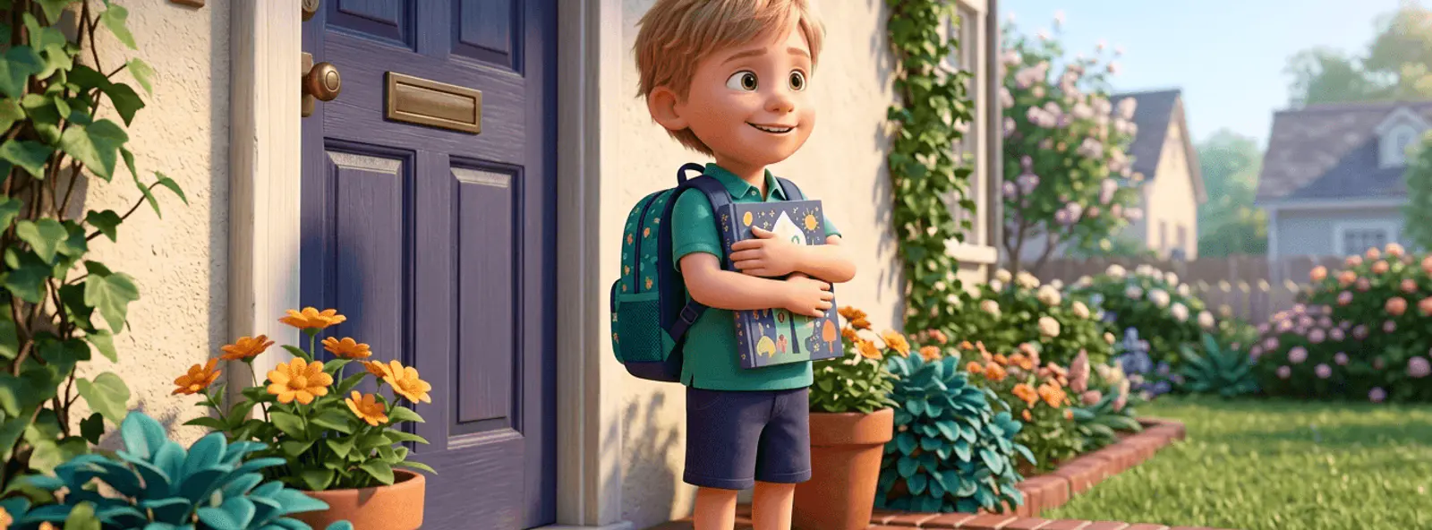Un enfant de 5 ans souriant et confiant, sac à dos sur les épaules, serre un livre illustré contre lui devant la porte de sa maison le matin de la rentrée
