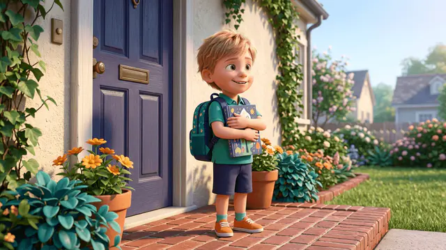 Un enfant de 5 ans souriant et confiant, sac à dos sur les épaules, serre un livre illustré contre lui devant la porte de sa maison le matin de la rentrée