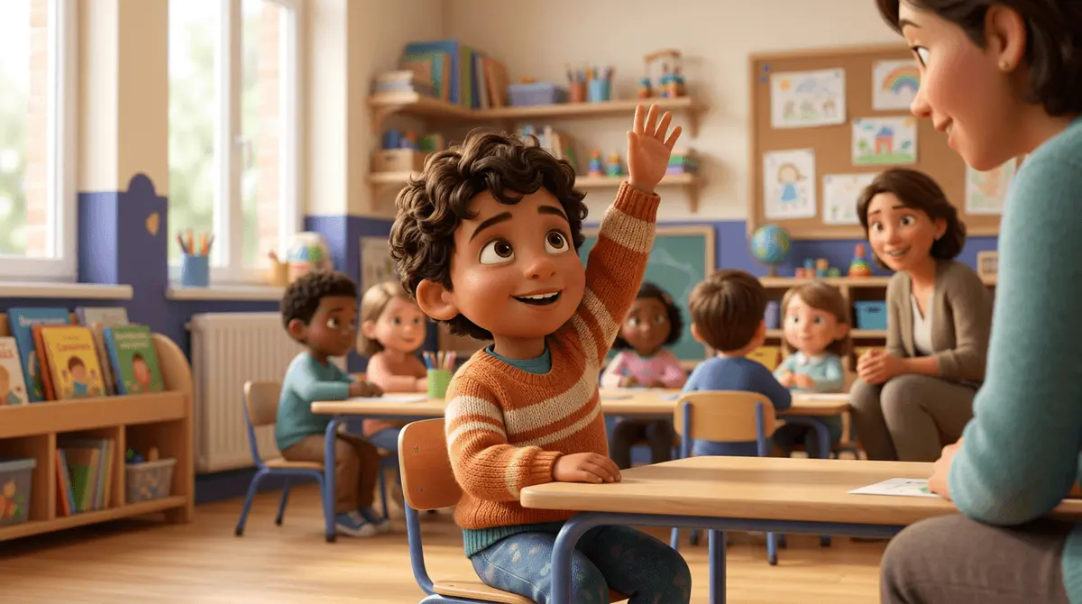 Un enfant de 4 ans dans une classe de maternelle lumineuse lève la main avec un grand sourire, d'autres enfants flous derrière lui