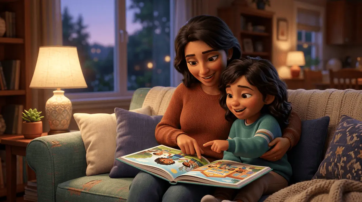 Un parent et son enfant de 6 ans assis serrés sur un canapé lisent un livre illustré et pointent une page en souriant