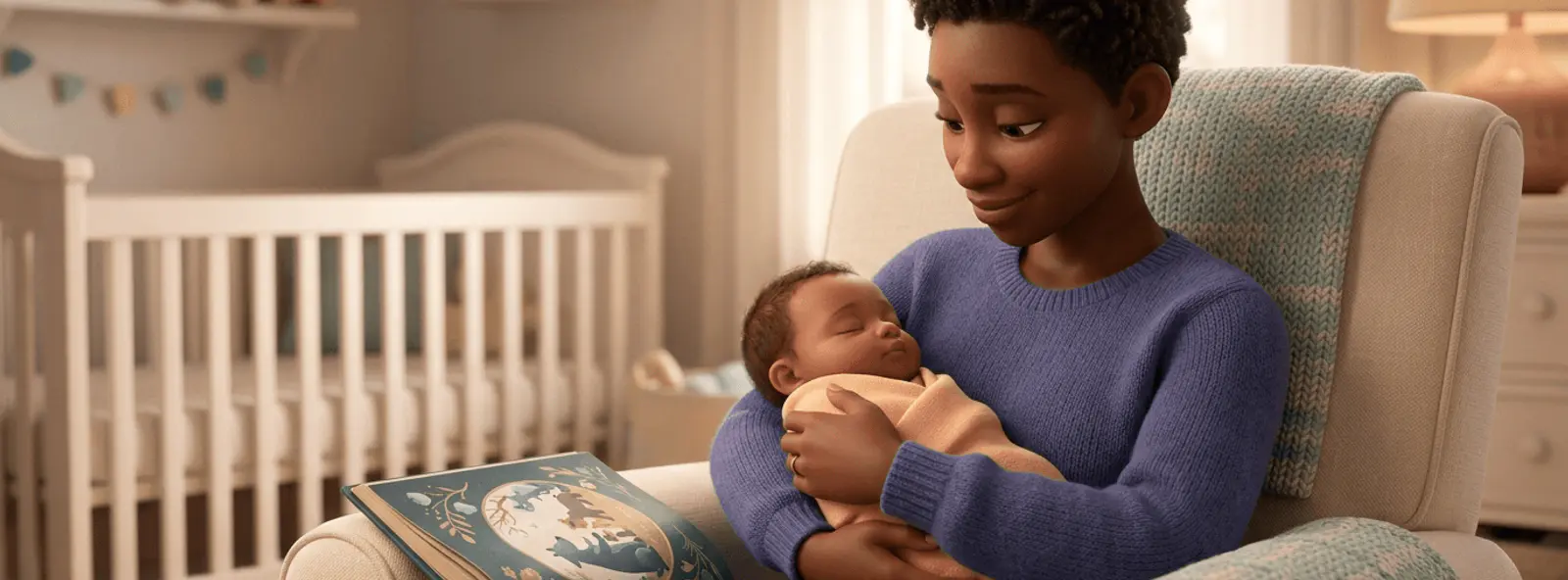 Un parent berce son bébé nouveau-né dans un fauteuil de chambre d'enfant, un livre illustré relié ouvert posé sur l'accoudoir