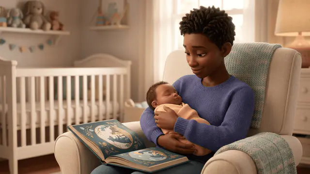 Un parent berce son bébé nouveau-né dans un fauteuil de chambre d'enfant, un livre illustré relié ouvert posé sur l'accoudoir