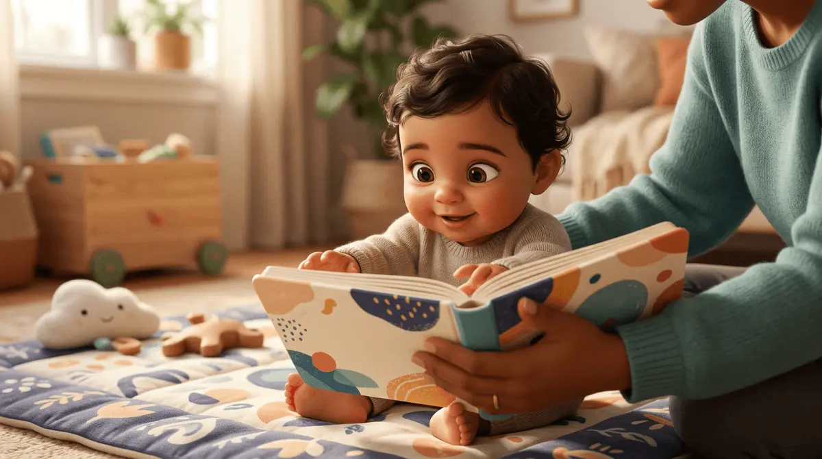 Un bébé de 10 mois assis sur un tapis d'éveil regarde avec de grands yeux un livre cartonné ouvert tenu par les mains d'un parent