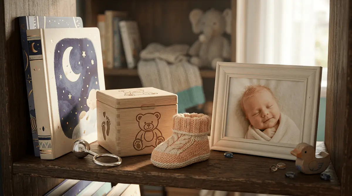 Sur une étagère en bois, un livre illustré est posé près d'une petite boîte à souvenirs, un chausson de bébé tricoté et une photo encadrée de nouveau-né