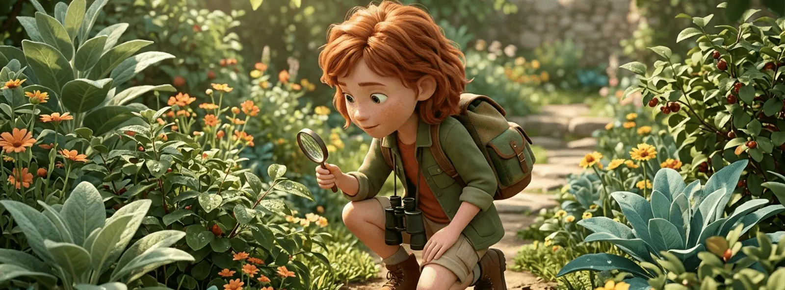 Une fillette de 6 ans rousse déguisée en exploratrice, jumelles autour du cou et petit sac à dos, accroupie dans un jardin ensoleillé pour observer une feuille