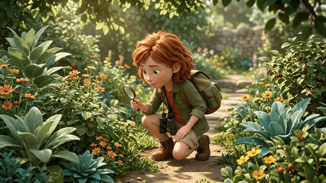Une fillette de 6 ans rousse déguisée en exploratrice, jumelles autour du cou et petit sac à dos, accroupie dans un jardin ensoleillé pour observer une feuille