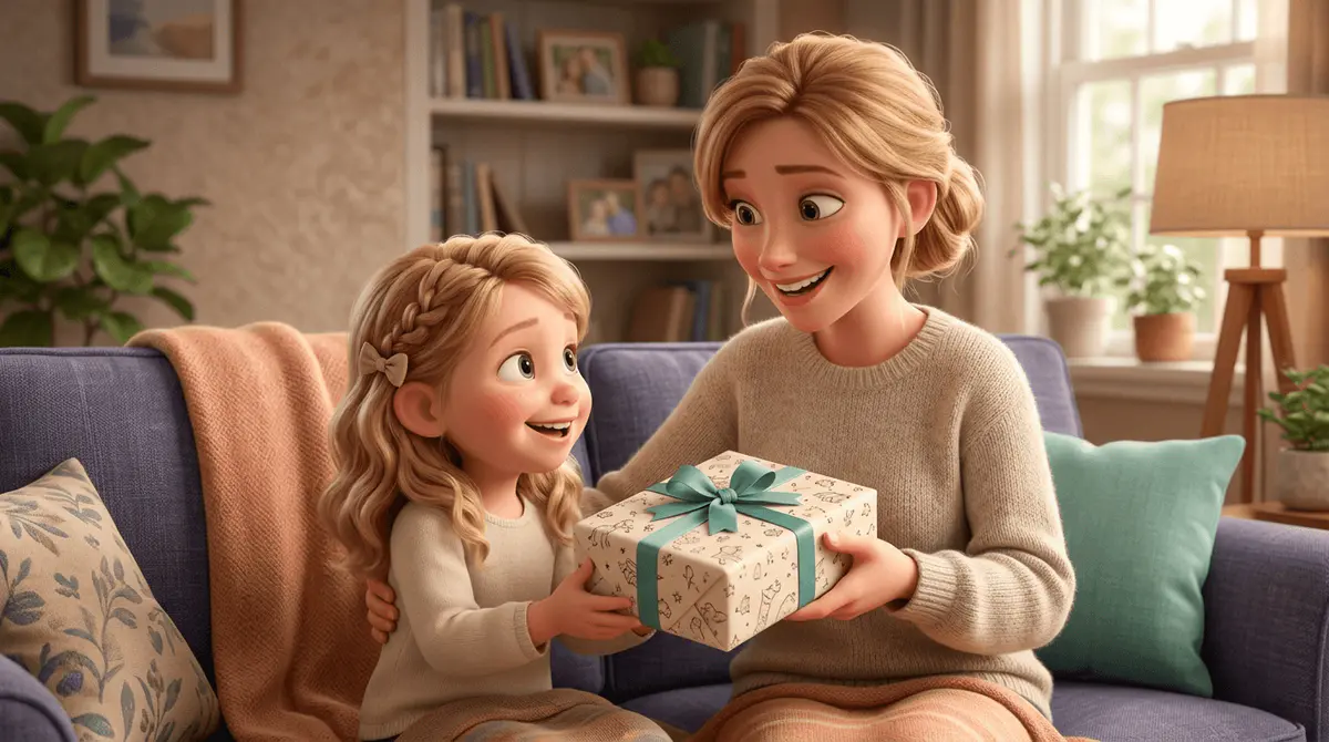 Une jeune marraine tend un livre illustré joliment emballé à sa filleule de 5 ans assise à côté d'elle sur un canapé, toutes deux souriantes
