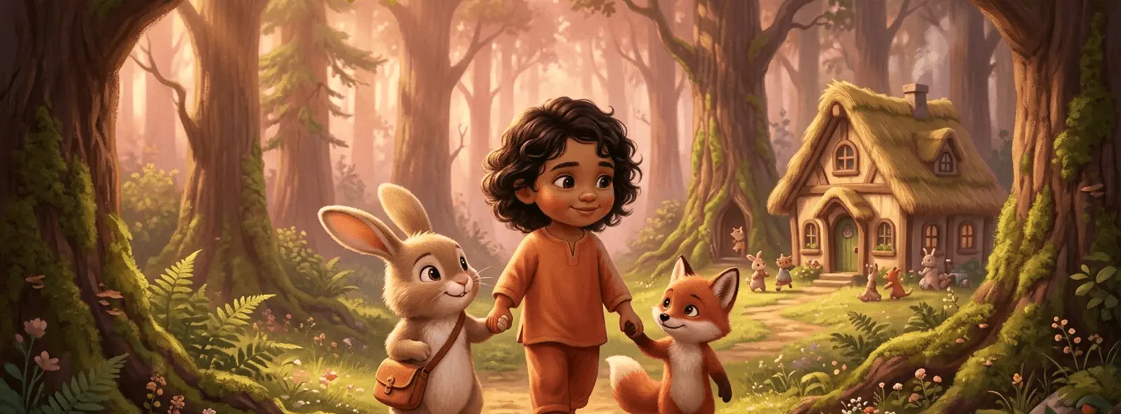 Un enfant de 4 ans marche main dans la main avec un petit lapin à cartable et un renardeau vers une mignonne école en bois nichée dans une forêt douce