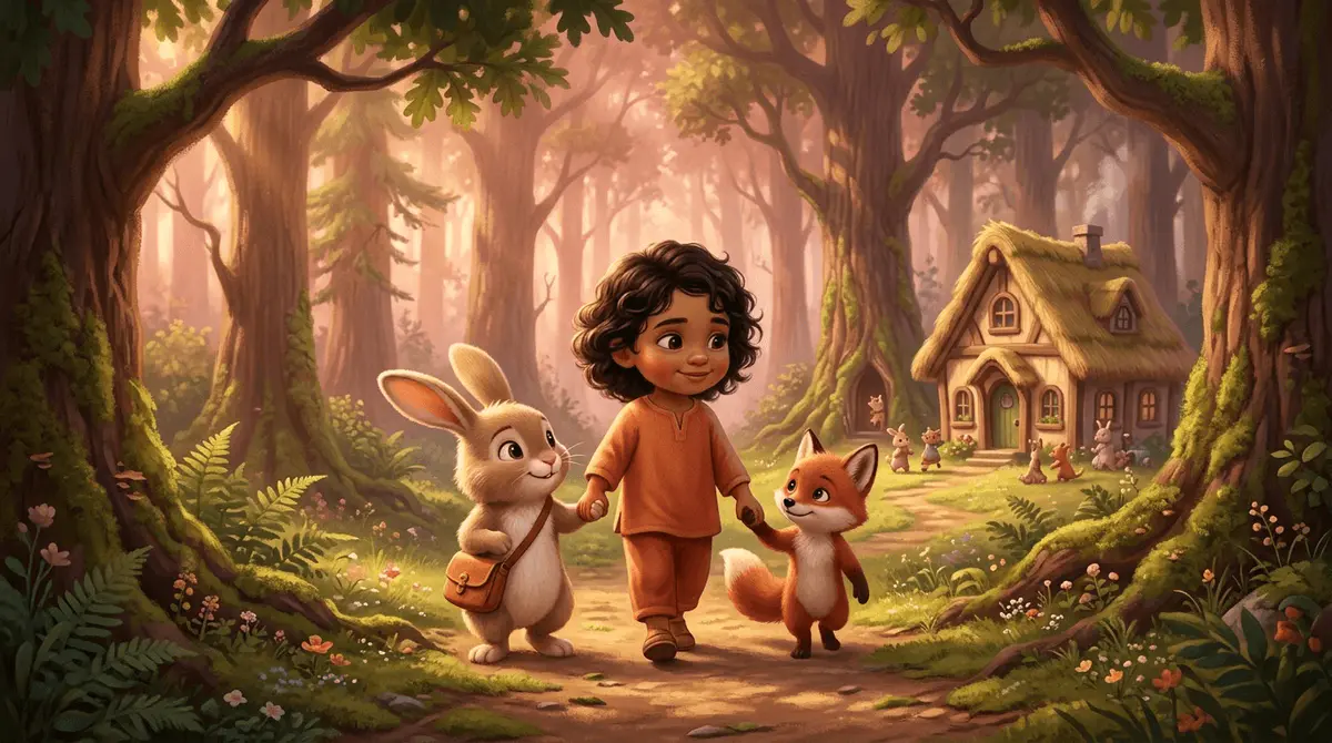 Un enfant de 4 ans marche main dans la main avec un petit lapin à cartable et un renardeau vers une mignonne école en bois nichée dans une forêt douce