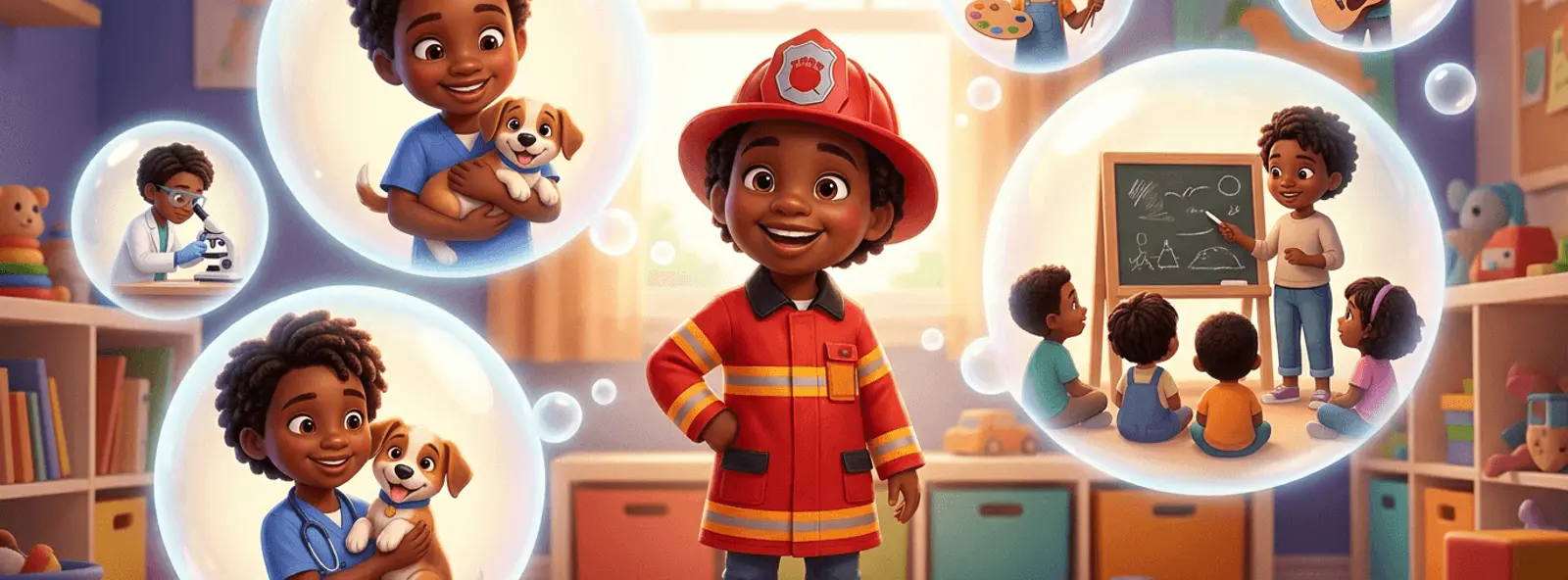 Un enfant de 6 ans en tenue de pompier de jeu, entouré de bulles de rêve montrant une vétérinaire avec un chiot et une maîtresse devant un petit tableau