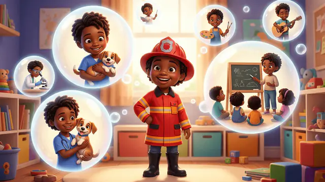 Un enfant de 6 ans en tenue de pompier de jeu, entouré de bulles de rêve montrant une vétérinaire avec un chiot et une maîtresse devant un petit tableau