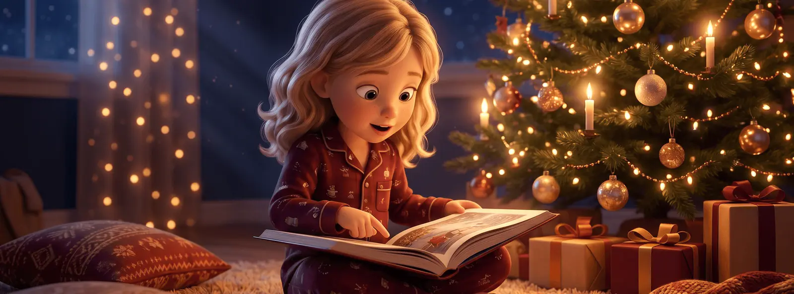 Fillette de 5 ans aux cheveux blonds en pyjama rouge, assise près du sapin de Noël, un livre ouvert sur les genoux, émerveillée