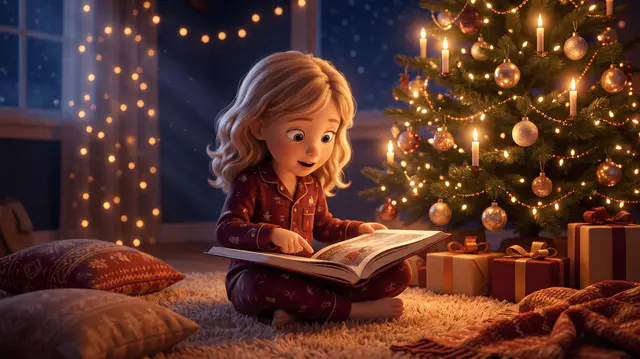 Fillette de 5 ans aux cheveux blonds en pyjama rouge, assise près du sapin de Noël, un livre ouvert sur les genoux, émerveillée