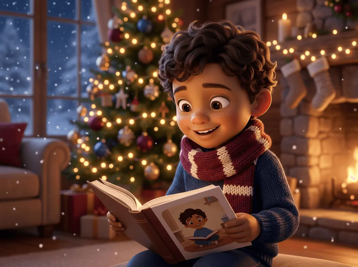 Garçon de 4 ans à la peau mate, écharpe tricotée, tenant un album ouvert et souriant, sous la neige, sapin de Noël en arrière-plan