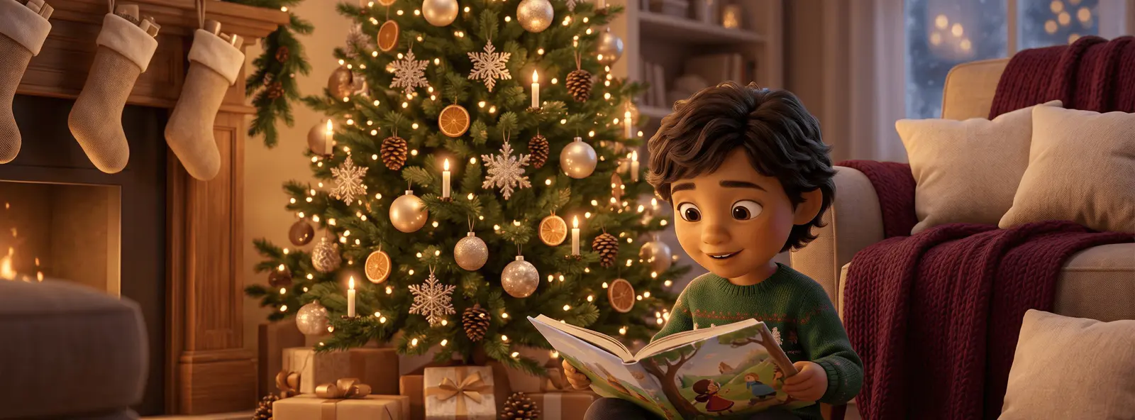 Enfant de 5 ans à la peau beige et aux cheveux foncés, assis en tailleur près du sapin décoré, un livre ouvert sur les genoux, émerveillé